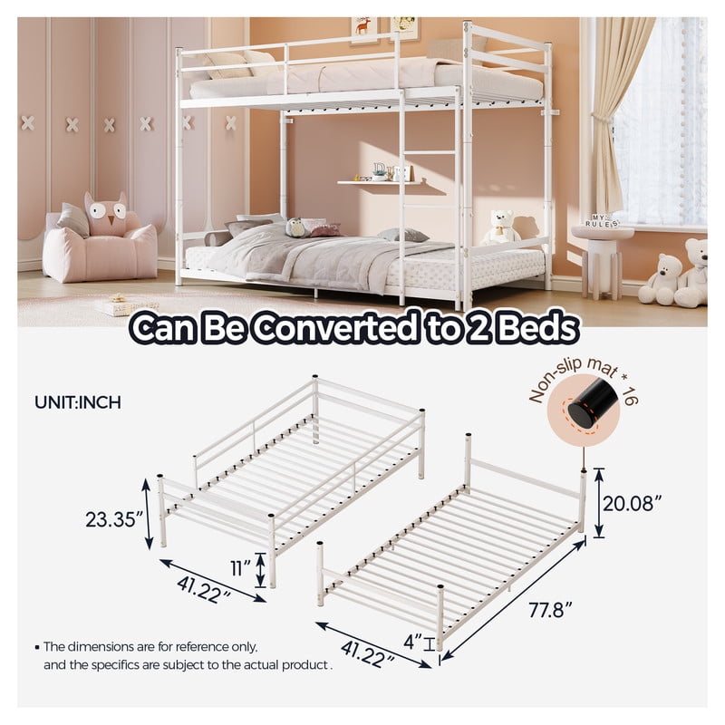 Twin-Over-Twin Metal Bunk Bed Convertible to 2 Separated Platform Beds, Noise-Free Kids Bed Frame with Rubber Anti-Slip Ladder