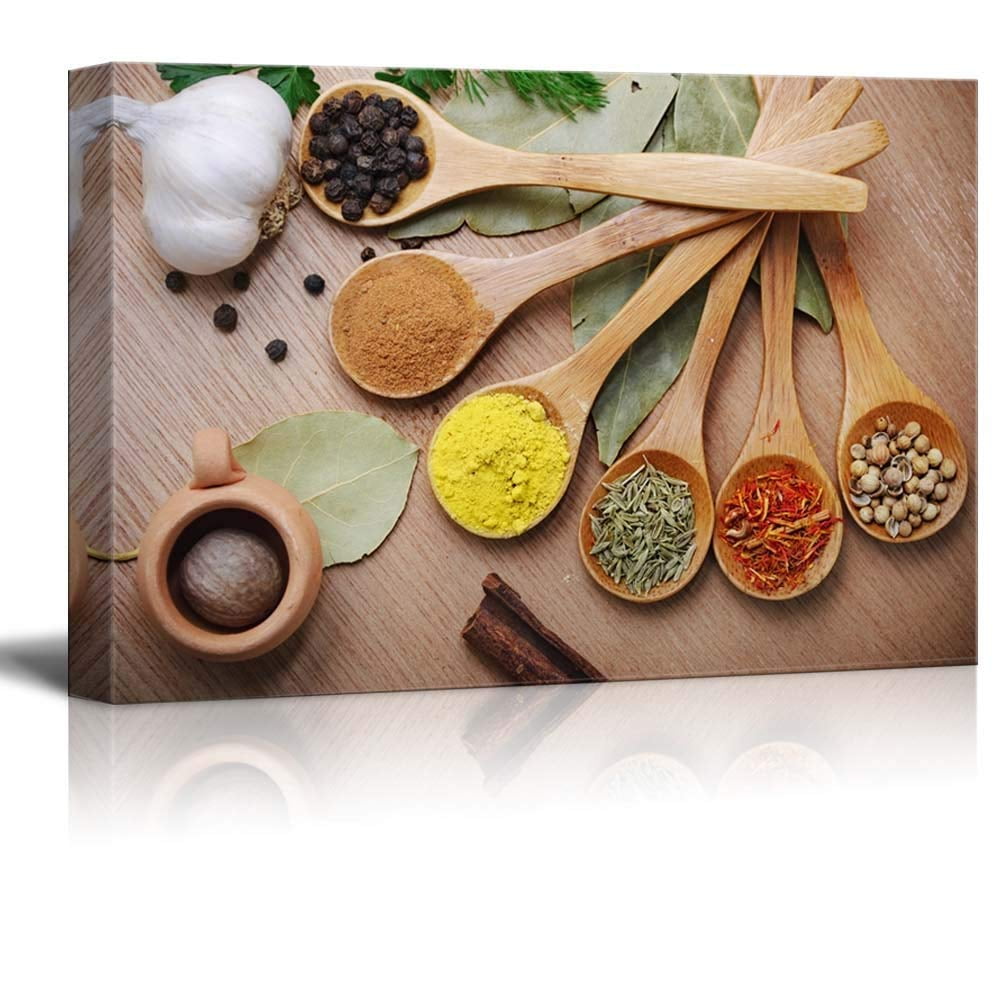 Spices Spoons Kitchen Print MULTI CANVAS WALL ART Picture Multi-Coloured 
