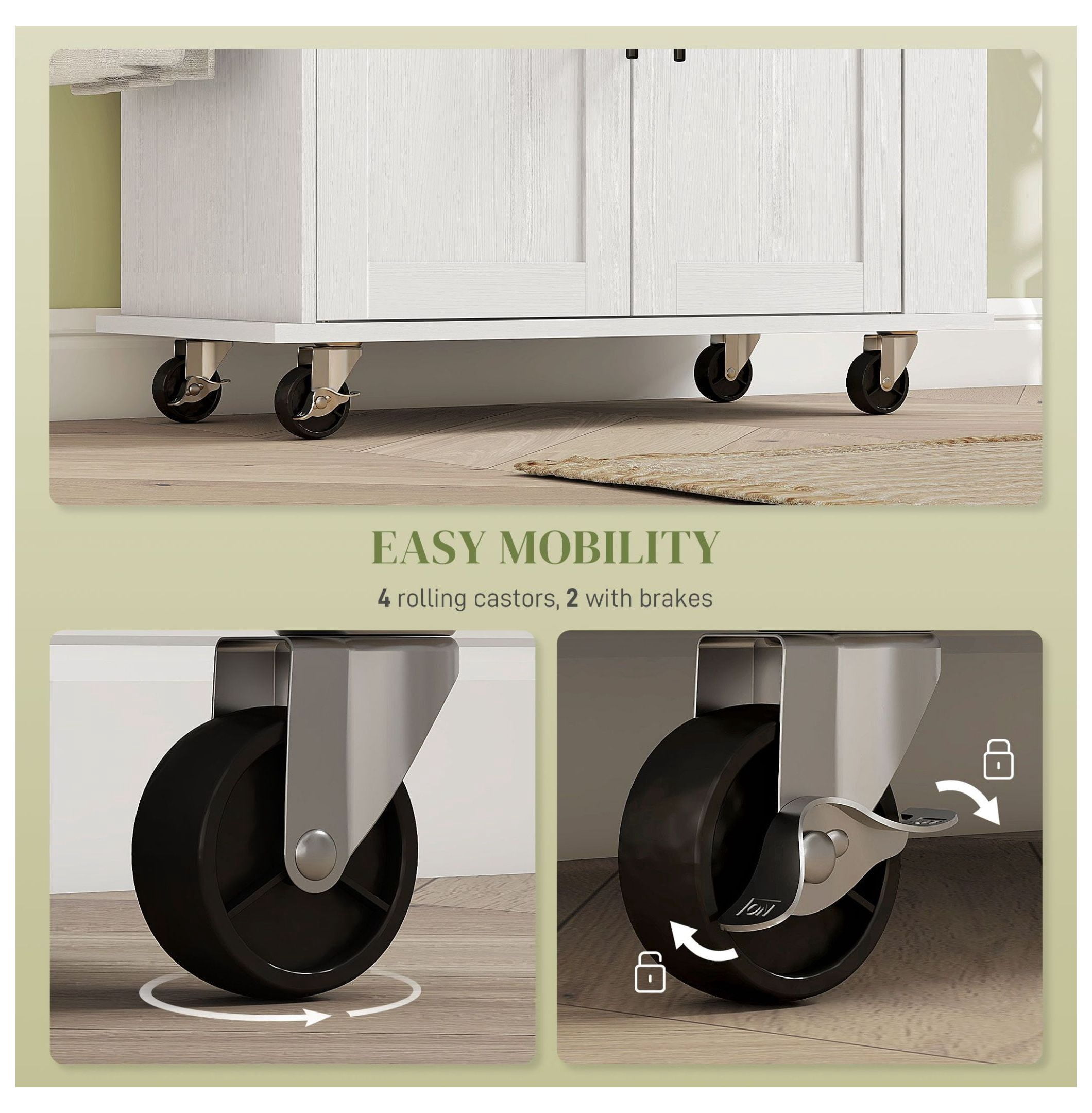 Rollable Kitchen Island with Power Outlets, Drawer, Doors & Versatile Storage on Wheels, White