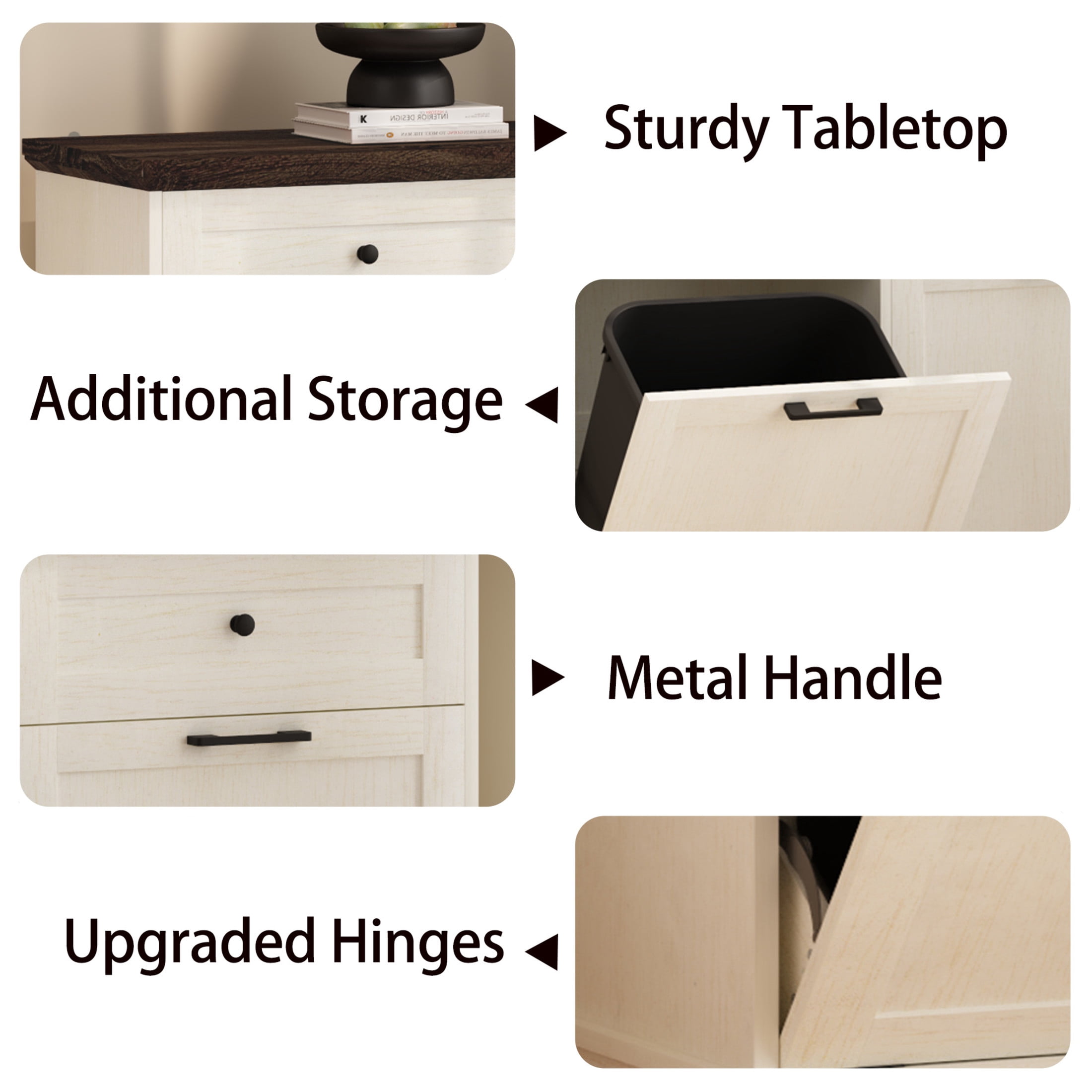 Noble House Double Tilt Out Trash Cabinet, 20 Gallon Freestanding Garbage Bin Holder with Drawer, Antique Brown & White