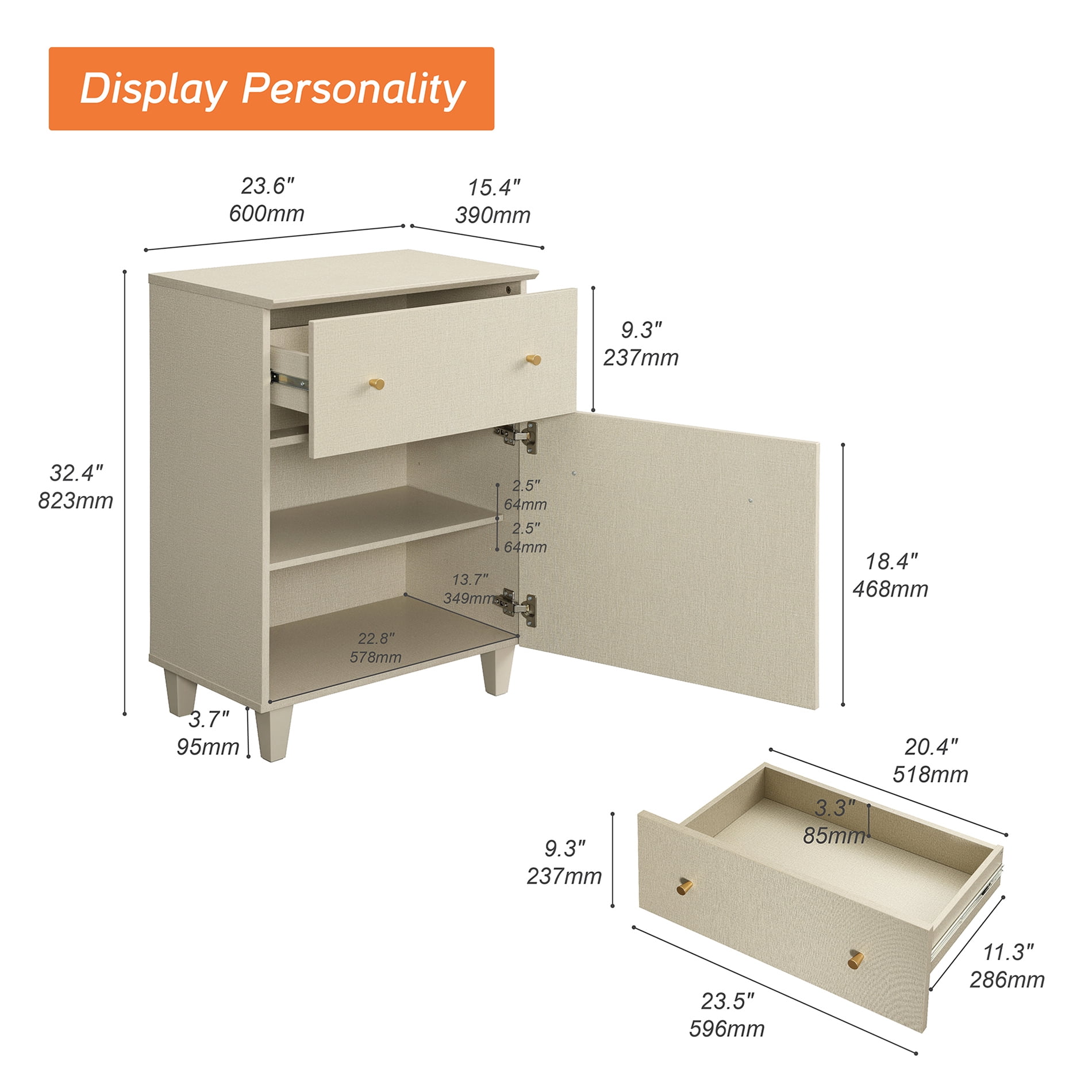 Living Room End Table, Large Sofa Side Tables with 1 Drawer and 1 Door, Beige Fabric Texture Finish Nightstand for Bedroom