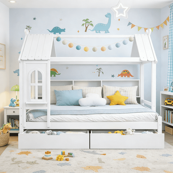 HICOMILA Twin House Bed with Storage Drawers and Shelves, Solid Wood House Platform Bed Frame with Roof Design for Boys Girls, Wooden Twin Bed with Built-in Storage, Childlike Design, White
