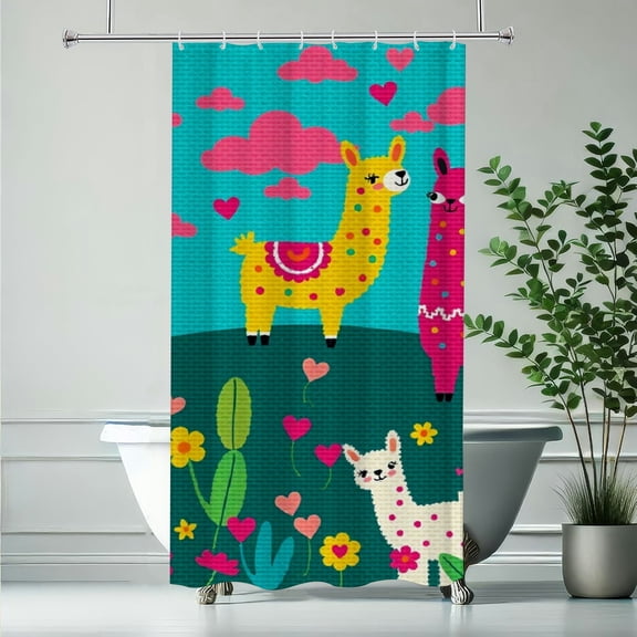 RKSupls Shower Curtain, Cute Llama Family with Hearts Waterproof Polyester Shower Curtain with Hooks for Chic Elegant Home Bathtub Bathroom Decor Washable Curtains