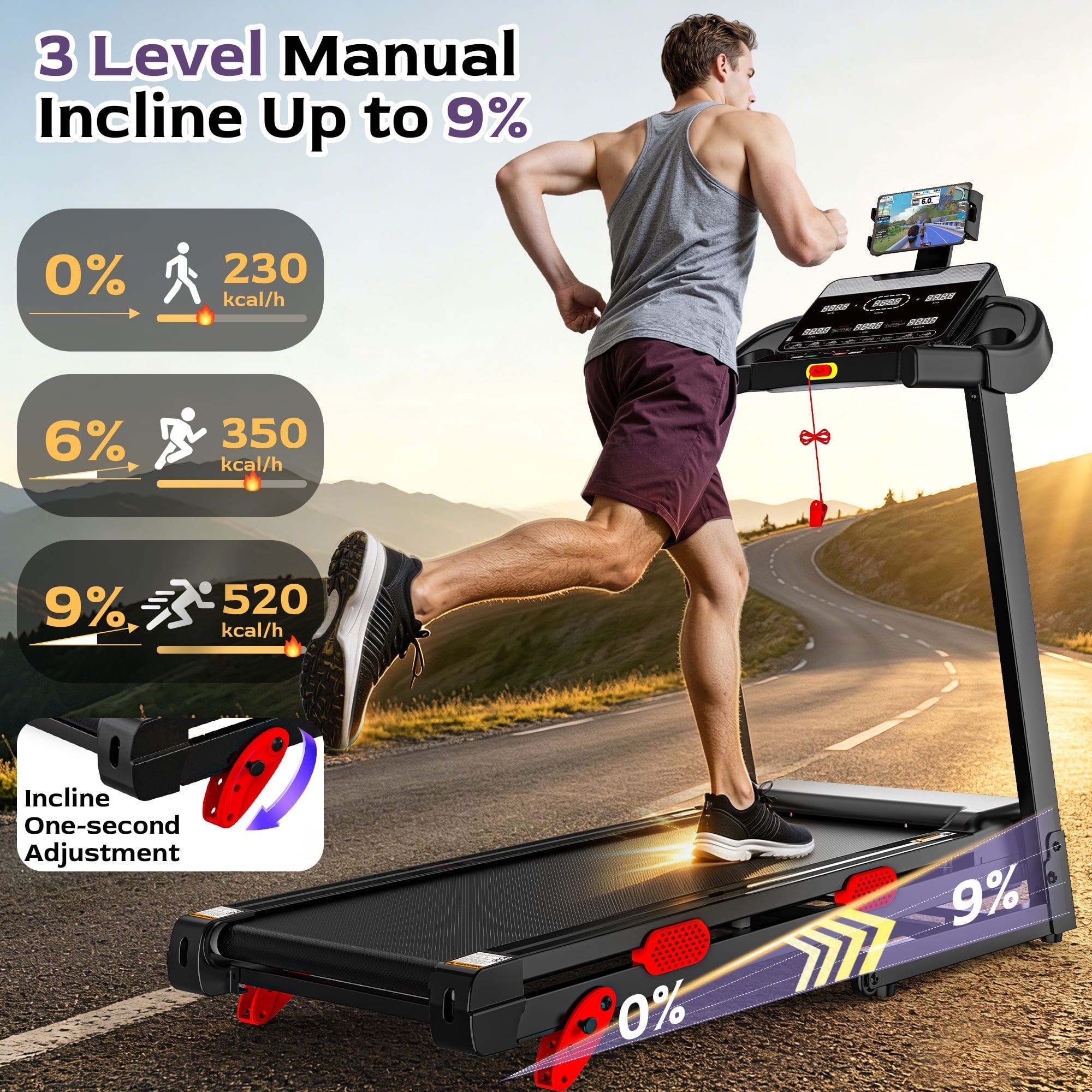 Folding Treadmill with Incline, 3.75HP Motor, 300 lb Capacity, Bluetooth App Connectivity, Compact Running Machine for Walking, Jogging and Running, Space-Saving Design