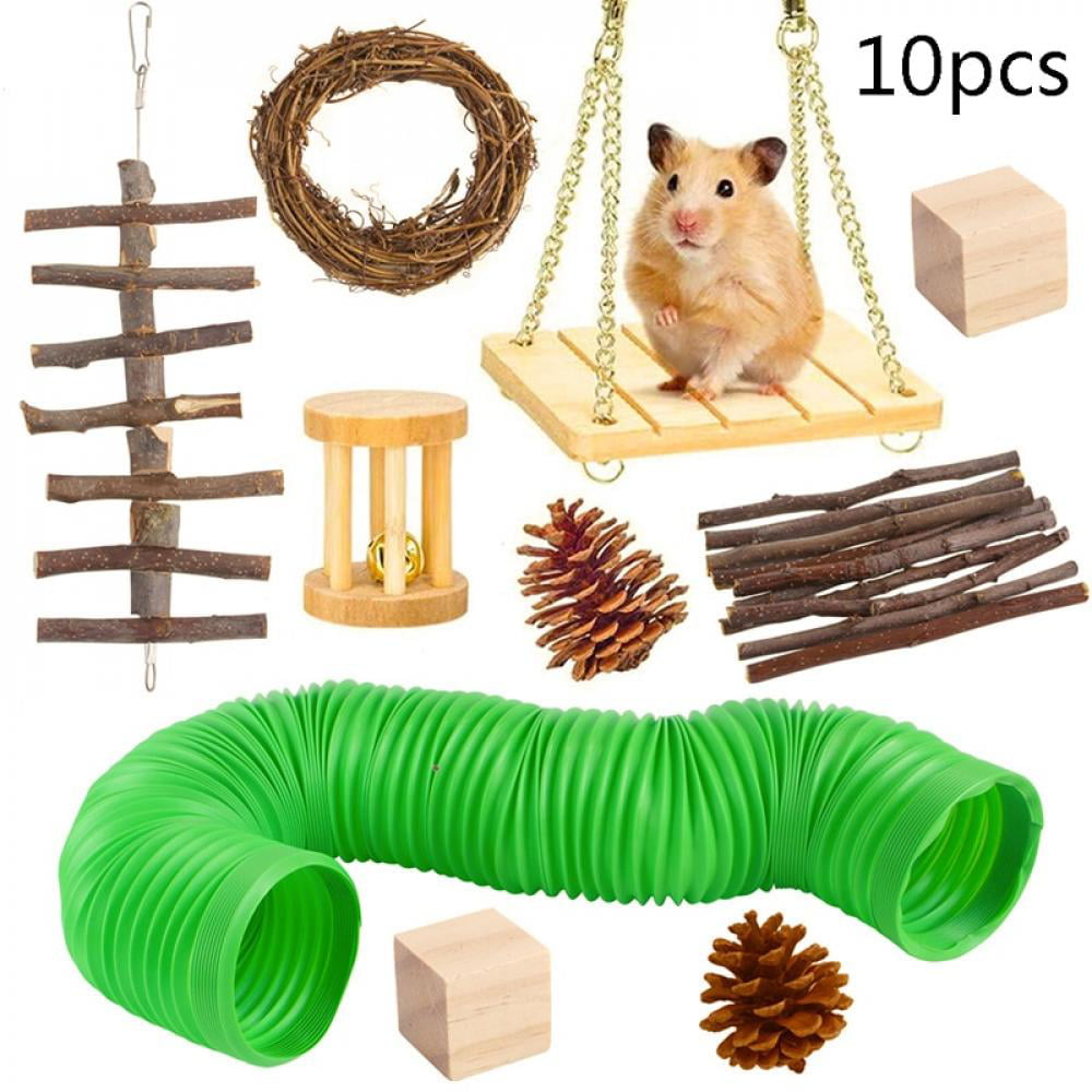 10 Pcs Natural Wooden Rabbit Rat Chew Toys Teeth Care and Playing Ball Bell Roller for Chinchilla Gerbil Small Animal Accessories DuvinDD Hamster Toys Guinea Pig Toys