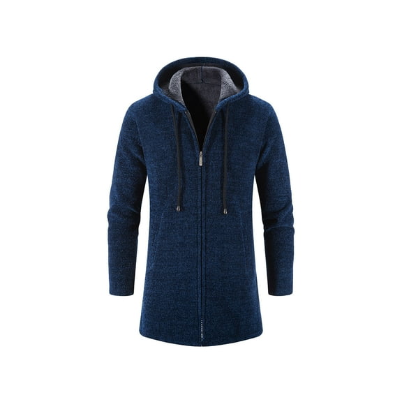 YODETEY Men'S New Autumn Long Casual Solid Color Hooded Knitted Cardigan Jacket Blue M