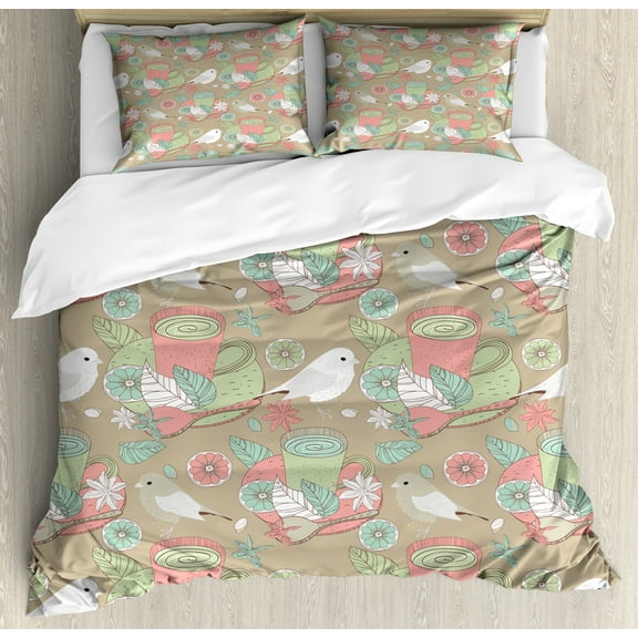 Natural Duvet Cover Set, Tea Cups with Birds Flowers Lemon Slices and Leaves in Retro Colors, Decorative 3 Piece Bedding Set with 2 Pillow Shams, Calking Size, Pale Green Blush and Dusk, by Ambesonne