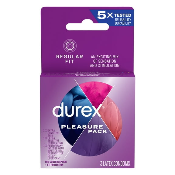 Durex Pleasure Pack, Assorted Lubricated Premium Condoms, 3 Count