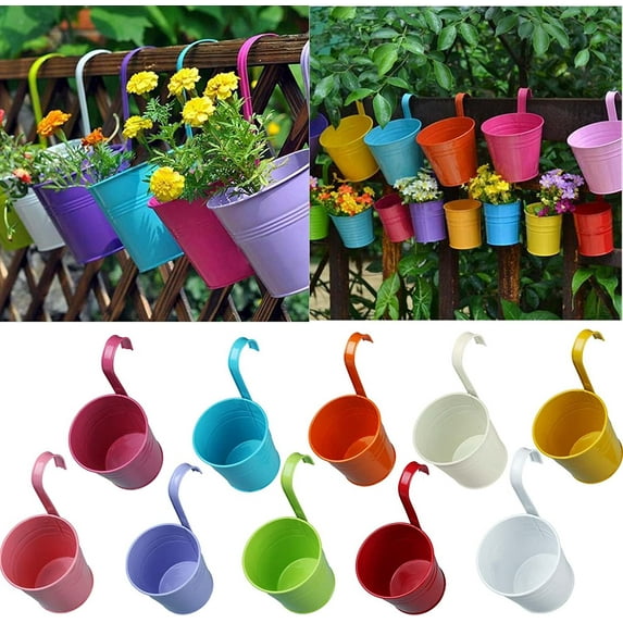 SPRING PARK Colorful Hanging Planter Pots, Metal Hanging Flower Pots, Garden Patio Outdoor Hanging Pot with Hook, for Fence Deck Balcony Clay Garden