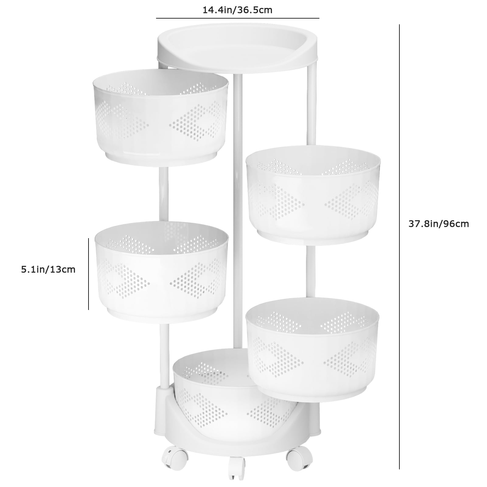 Aqzb Fruit Vegetable Storage Basket for kitchen, 5-Tier Rotating Round Plastic Baskets, PP Top & Wheels, Kitchen Storage Bins Stand Rack Cart for Onions Potatoes, Snack Rack for Living Room