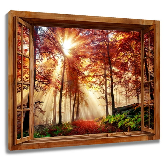 Autumn Forest Maple Leaves Canvas Wall Art Window View Yellow Fall Tree Painting Wall Art Nature Landscape Wall Art for Living Room Bedroom Bathroom Home Decor Framed Ready to Hang,10x8 Inches