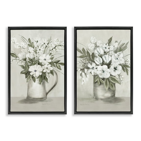 Stupell Industries Country Vases with Bouquets Plants & Flowers Painting Black Floater Framed Canvas Art Print Wall Art, 17 x 25, Set of 2