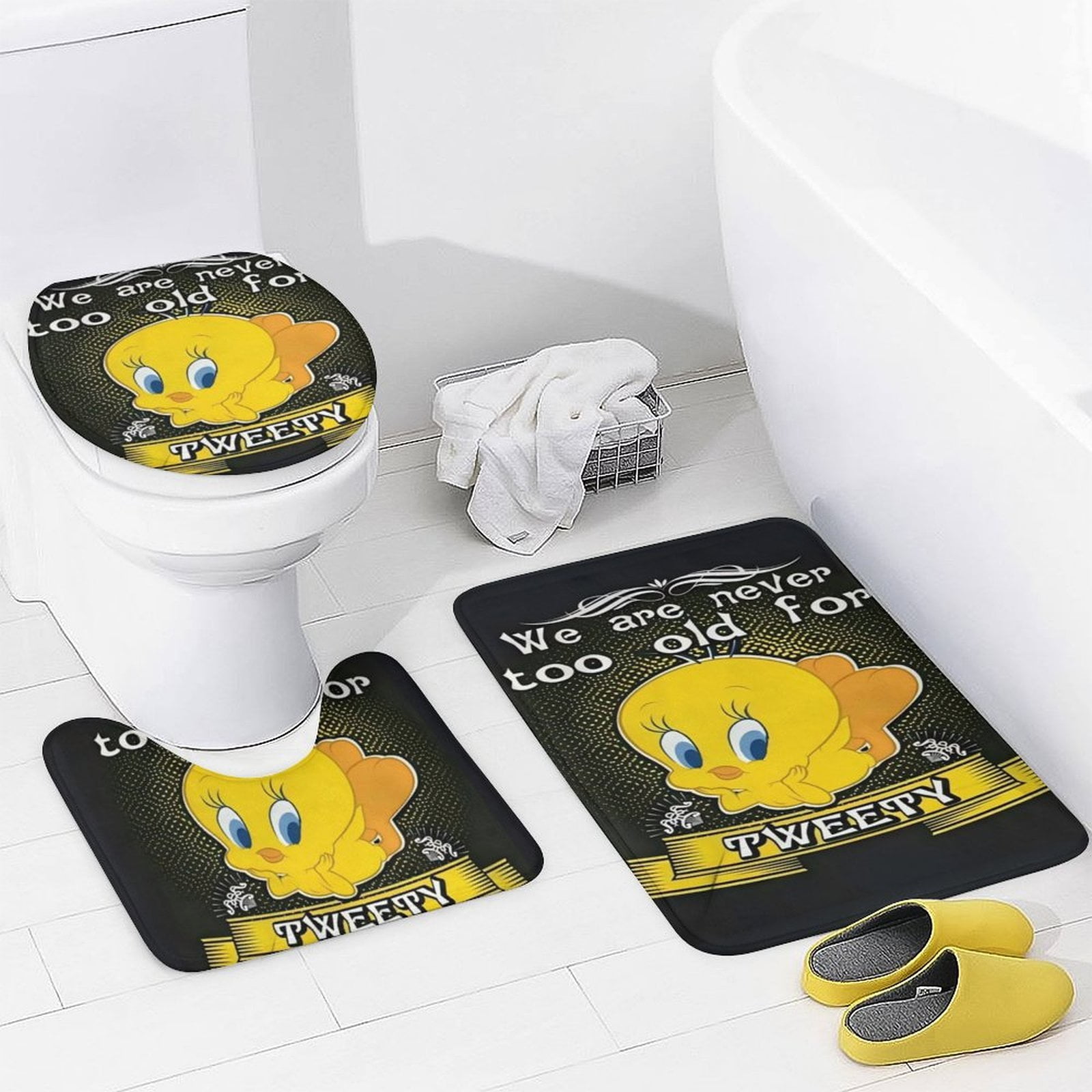 Tweety Bird Anime Shower Curtain 4 Piece Set with Carpet and Toilet Cover Waterproof Shower Curtain Bathroom Decoration 72 x 72inch