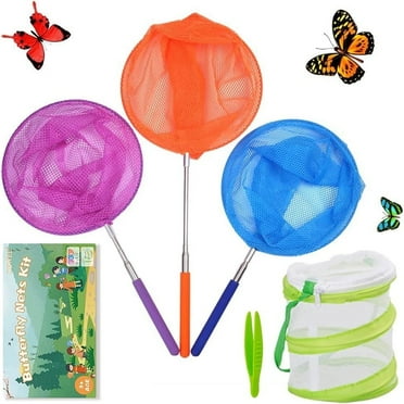 Colored Telescopic Butterfly Nets for Kids Bug Insect Catching Net Extendable 34 inches,Pop up Insect Mesh Cage,Tweezers DEWEL 3 Pack Cloth Child