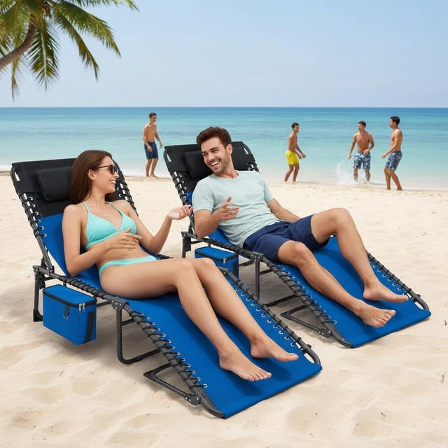 Gaderth Folding Lounge Chair Outdoor, Portable Reclining Chaise Lounge with 5 Position Adjustable Backrest, Removable Pillow and Side Pocket, Lightweight Foldable Chair for Beach Pool Patio Camping