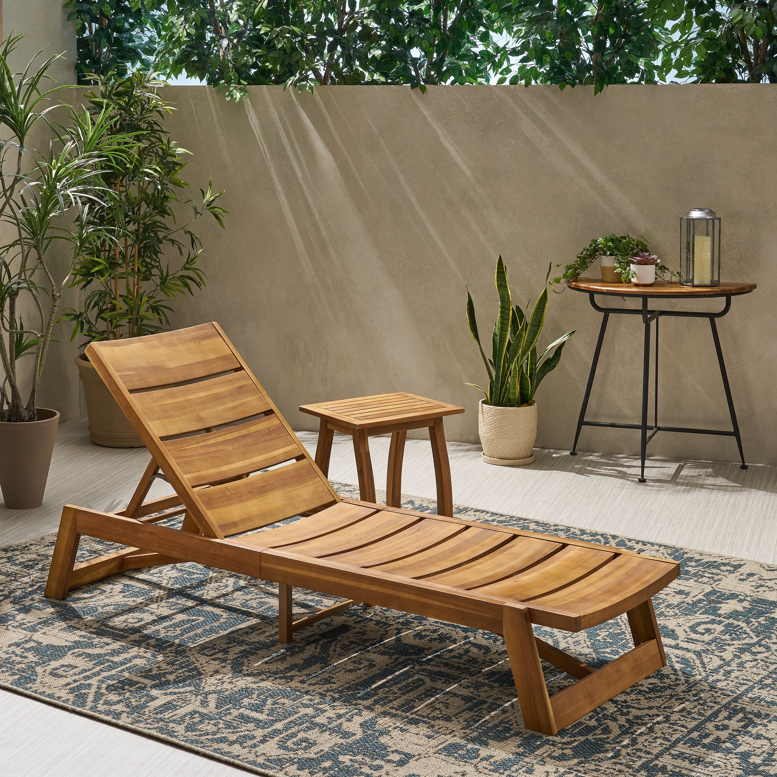 Ashayla Outdoor Acacia Wood Chaise 2 Piece Lounge, Teak, Yellow Metal