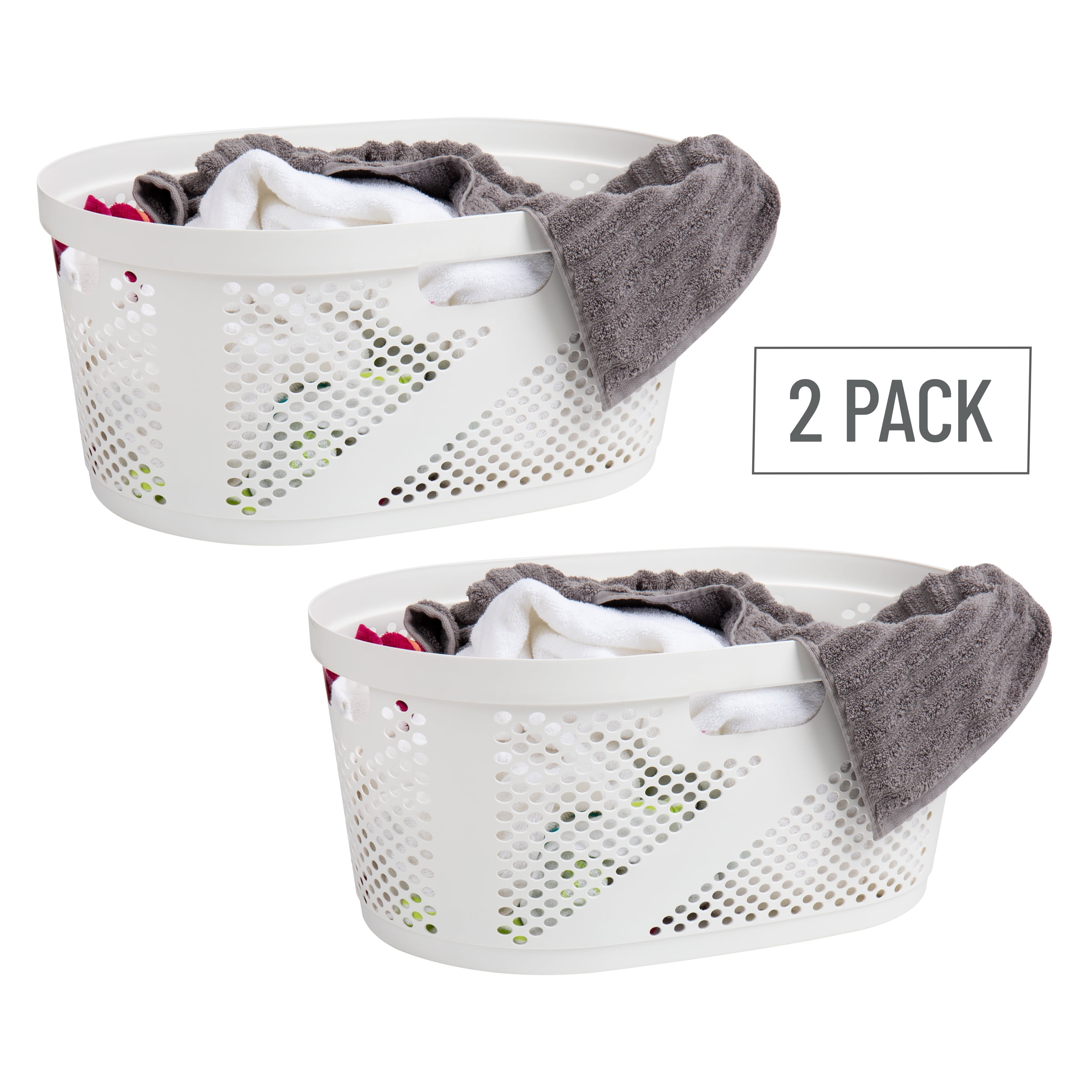 Mind Reader 40L Ventilated Laundry Baskets, Lightweight Clothes Hamper with Cutout Handles for Bathrooms and Closets, Plastic, Set of 2, White
