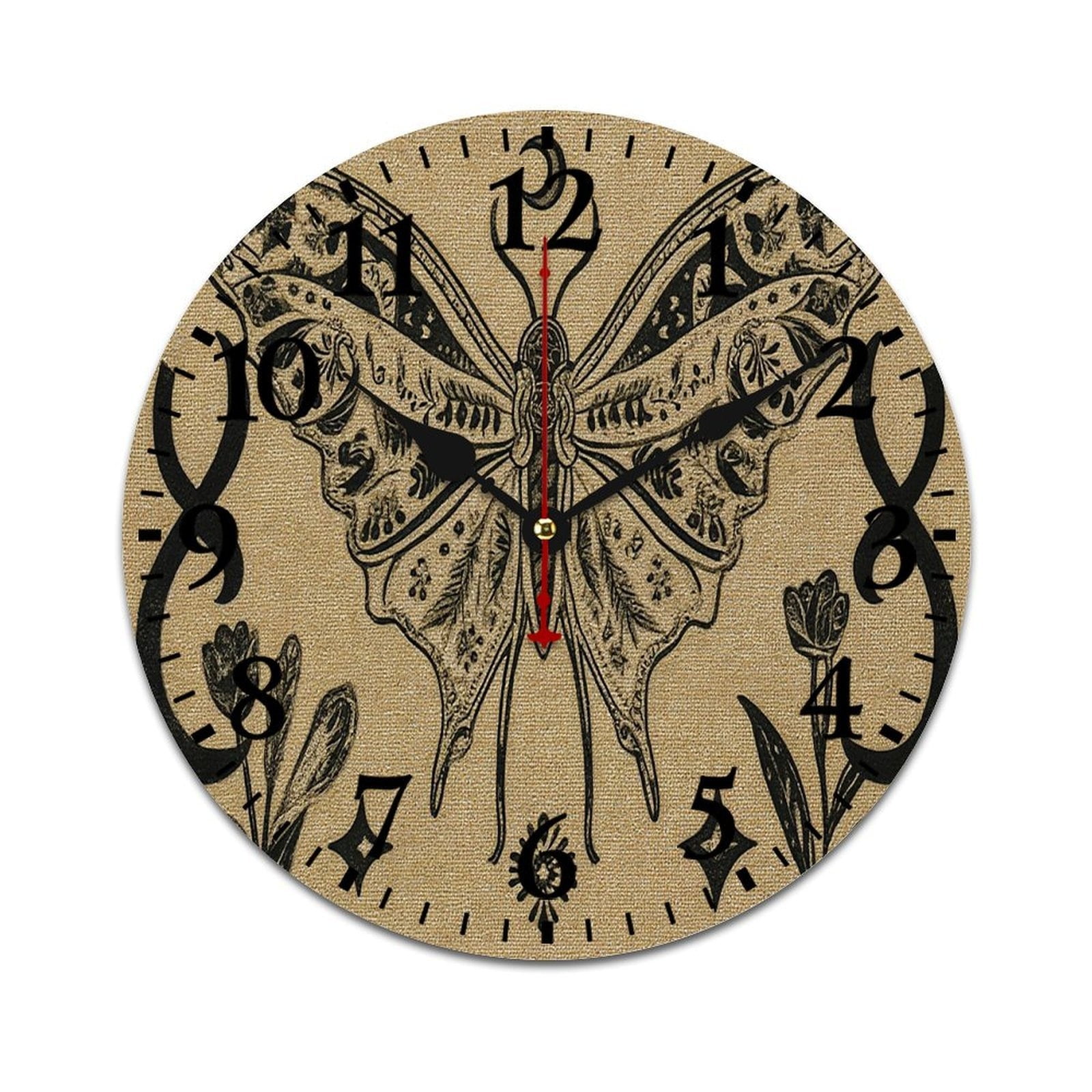 Vintage Black Butterfly 12 x 12 inch Wall Clocks For Study & Boho Bedroom Decor, Beige Black