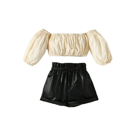 

Qtinghua Toddler Kids Baby Girls Summer Clothes Off Shoulder Long Sleeve Tops PU Leather Short Pants 2Pcs Set Khaki 4-5 Years