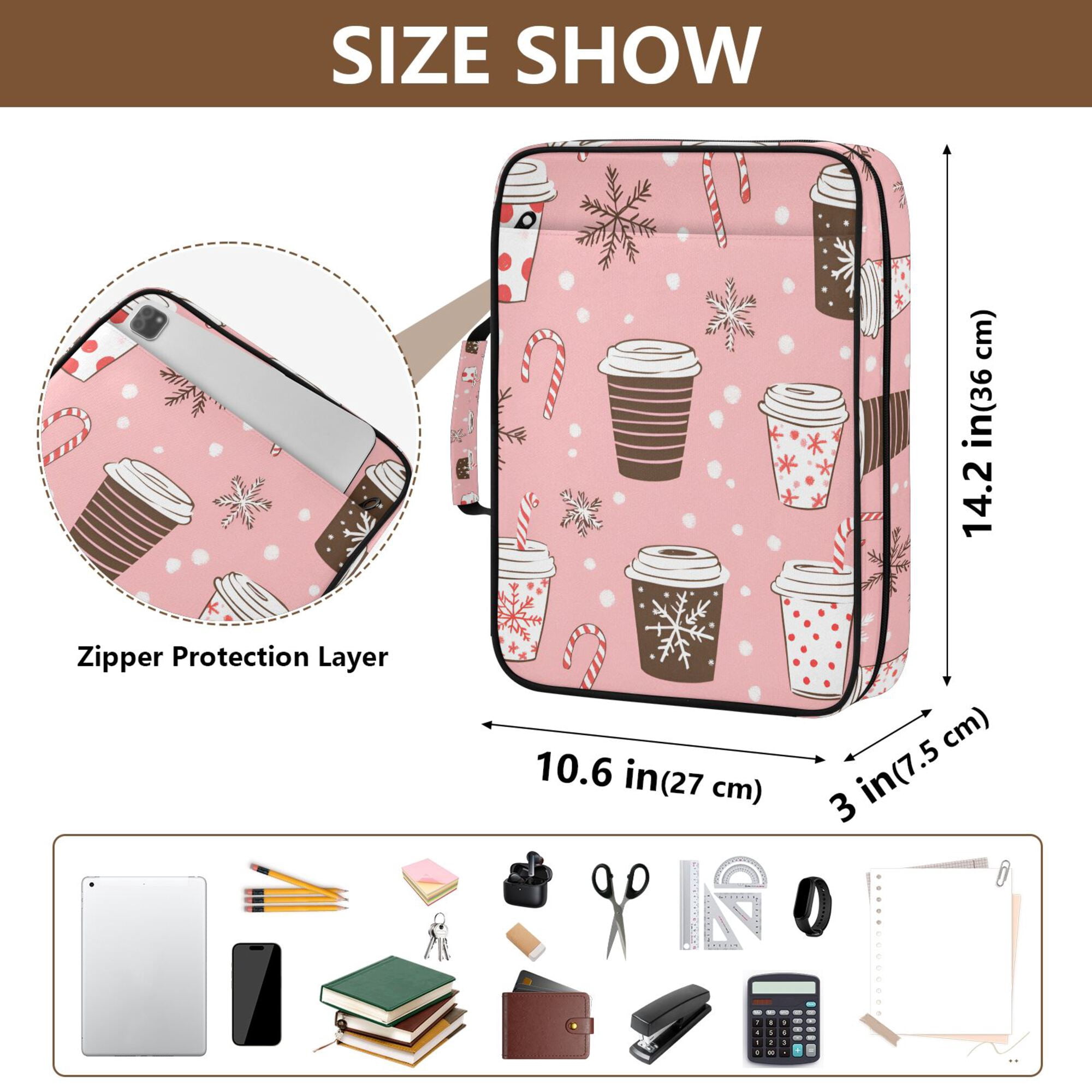 FORMRS Accordion File Folder A4 Size 7-Pocket Expanding Document Organizer Bag with 3 Ring Binder, Brown Hand Drawn Cups