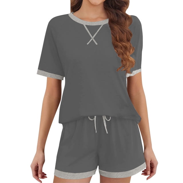 Ensembles à Manches Courtes pour Femmes, Hauts à Col Ras du Cou à Rayures et Shorts, Ensembles 2 Pcs avec Poches