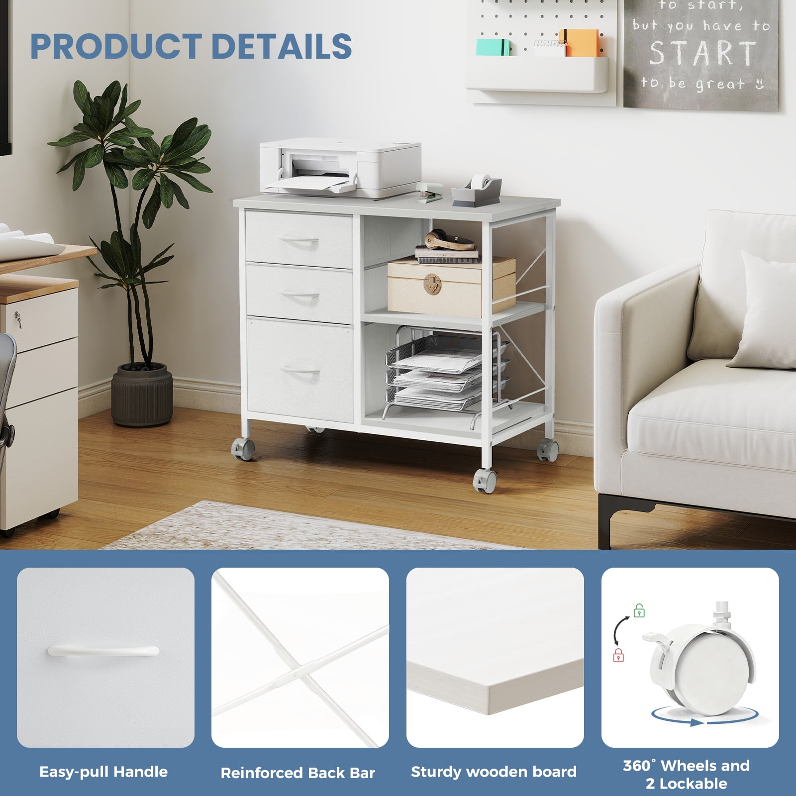 Gianna Rolling File Cabinet with 3 Drawers, Fabric Lateral Filing Storage for A4/Letter Size, Mobile Printer Stand with Open Shelf for Home Office, White