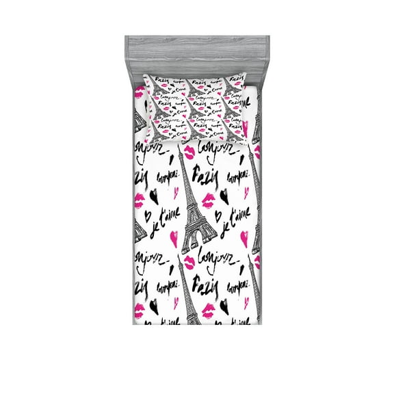 Paris Fitted Sheet & Pillow Sham Set, Eiffel Tower Lipstick Kiss Heart Shape Words Love Touristic Architecture, Decorative Printed 4 Piece Bedding Decor Set, Twin, White Black Pink, by Ambesonne