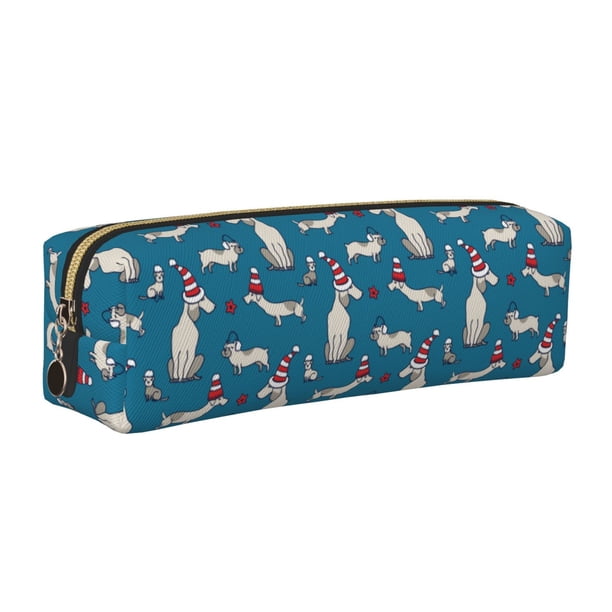 Balery Festive Dachshund Fun Estuche de Lápices de Cuero Impreso, Estuche para Suministros de Arte, Estuche de Lápices con Cremallera, Estuche de Almacenamiento de Papelería