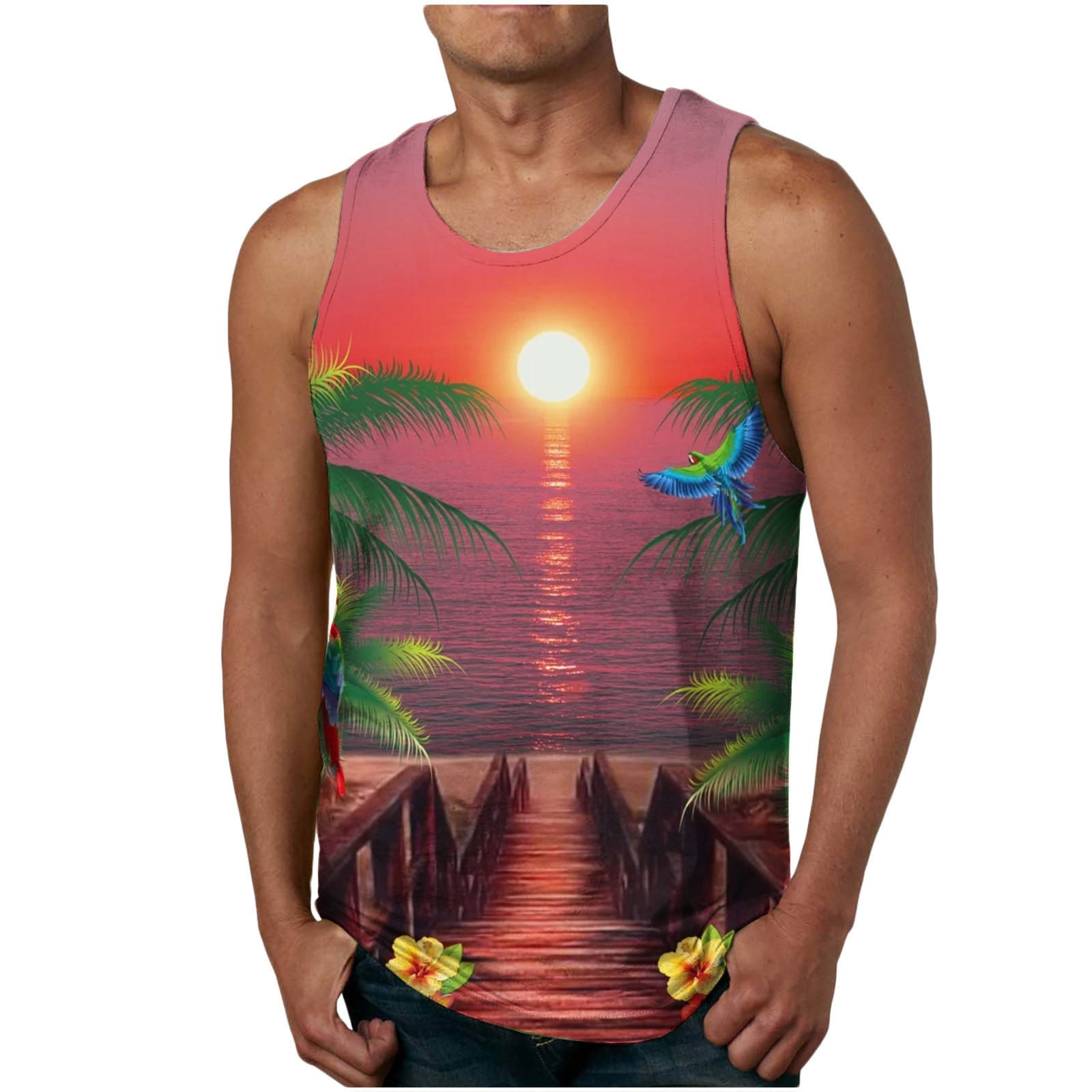 VSSSJ Hawaiian Tank Top for Men Big and Tall Summer Floral Print Round Neck  Sleeveless Beach Shirts Quick Dry Breathable Seaside Tshirt Pink XXL 