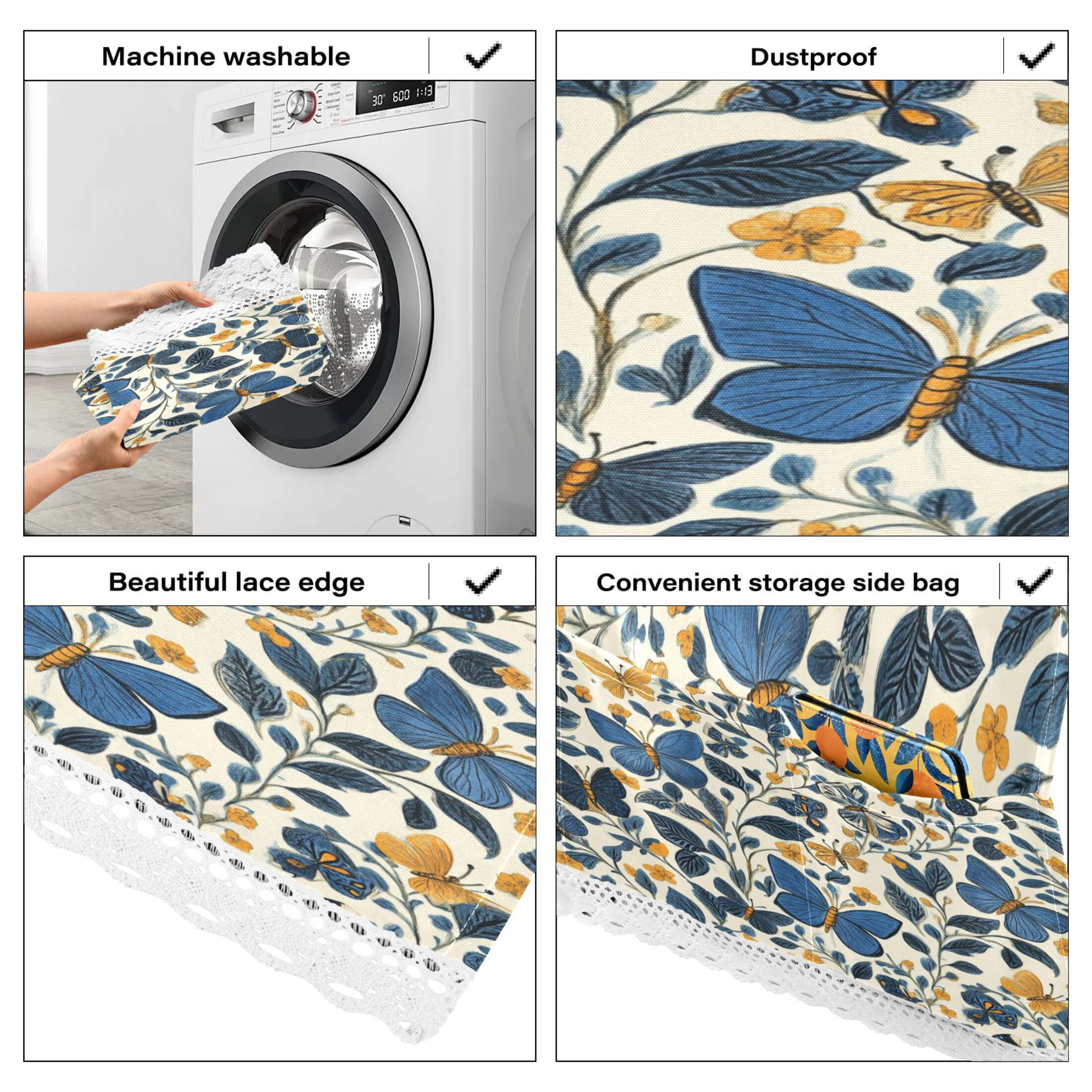 Blue ButterfliesWasher and Dryer Covers Dust-Proof and Oil Resistant Fridge Cover with 4 Storage Pockets Washing Machine Top Cover for Laundry Kitchen Home 51.2 x 22 In