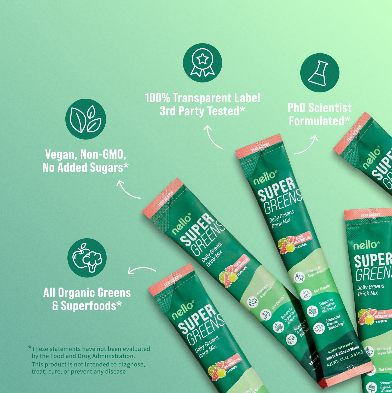 Supergreens Premium Superfood Greens Drink Mix w/Chlorella, Moringa, Spinach & Broccoli + Digestive Enzymes & Probiotic Blend -Nutrient-Packed Powder (Sour Watermelon 20 Servings, Travel Pack)