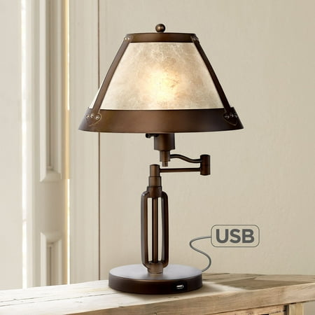 Franklin Iron Works Traditional Desk Table Lamp Swing Arm with Hotel Style USB Charging Port Bronze Natural Mica Shade for Bedroom