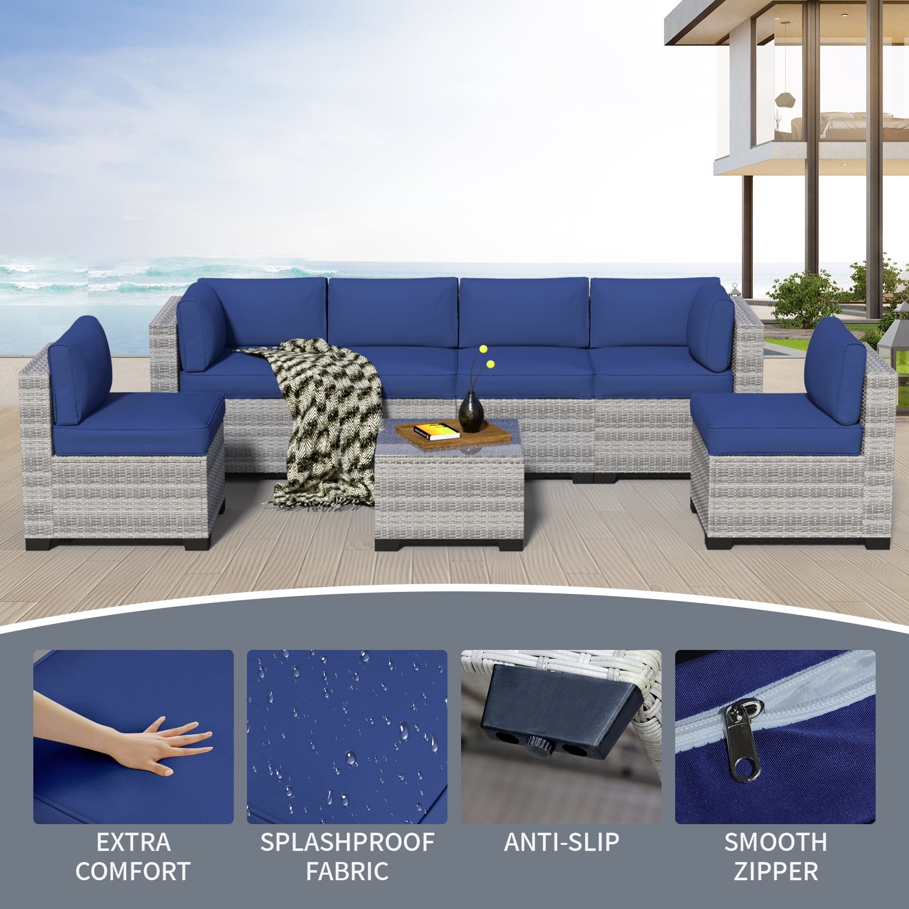 7-Piece Outdoor Patio Furniture Set, All-Weather Rattan Sectional Sofa with Waterproof Cushions & Tempered Glass Table, Perfect for Garden, Poolside, Backyard (Navy Blue)