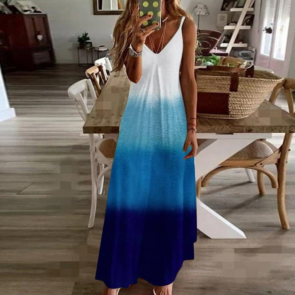 Women's Summer Casual Maxi Dress Boho V Neck Spaghetti Strap Slip Dress Printed Flowy Vacation Beach Long Dress