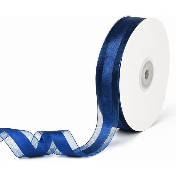 Cinta de organza azul marino de 50 yardas y 1 pulgada de ancho con borde de gasa transparente, malla de satén transparente, cintas de hilo, a granel con carrete