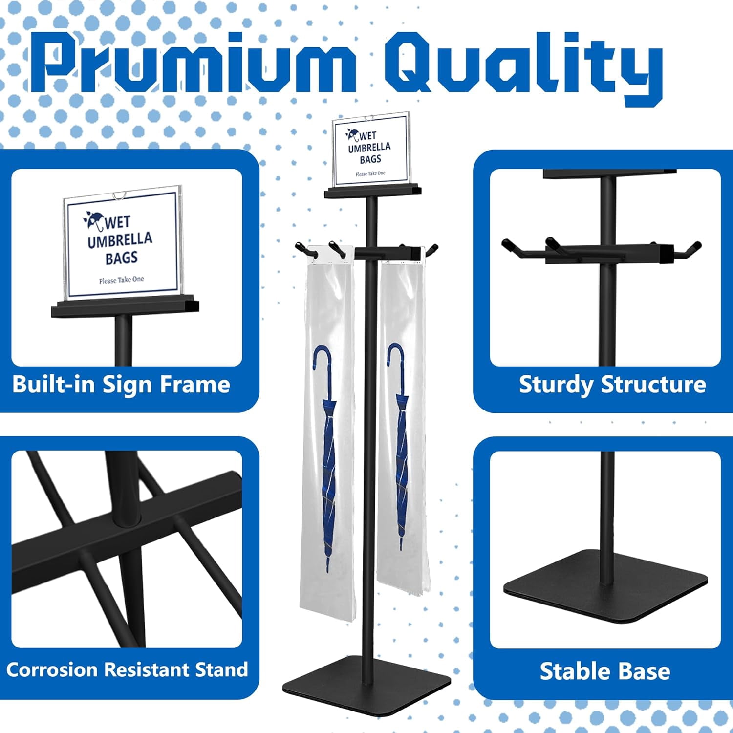 Wet Umbrella Stand with Free 200 Plastic Umbrella Bags and Holder