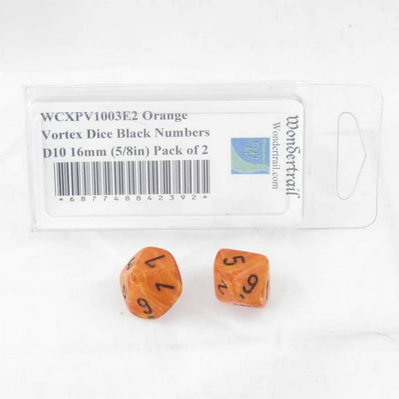 Orange Vortex Dice with Black Numbers D10 Aprox 16mm (5/8in) Pack of 2 Wondertrail