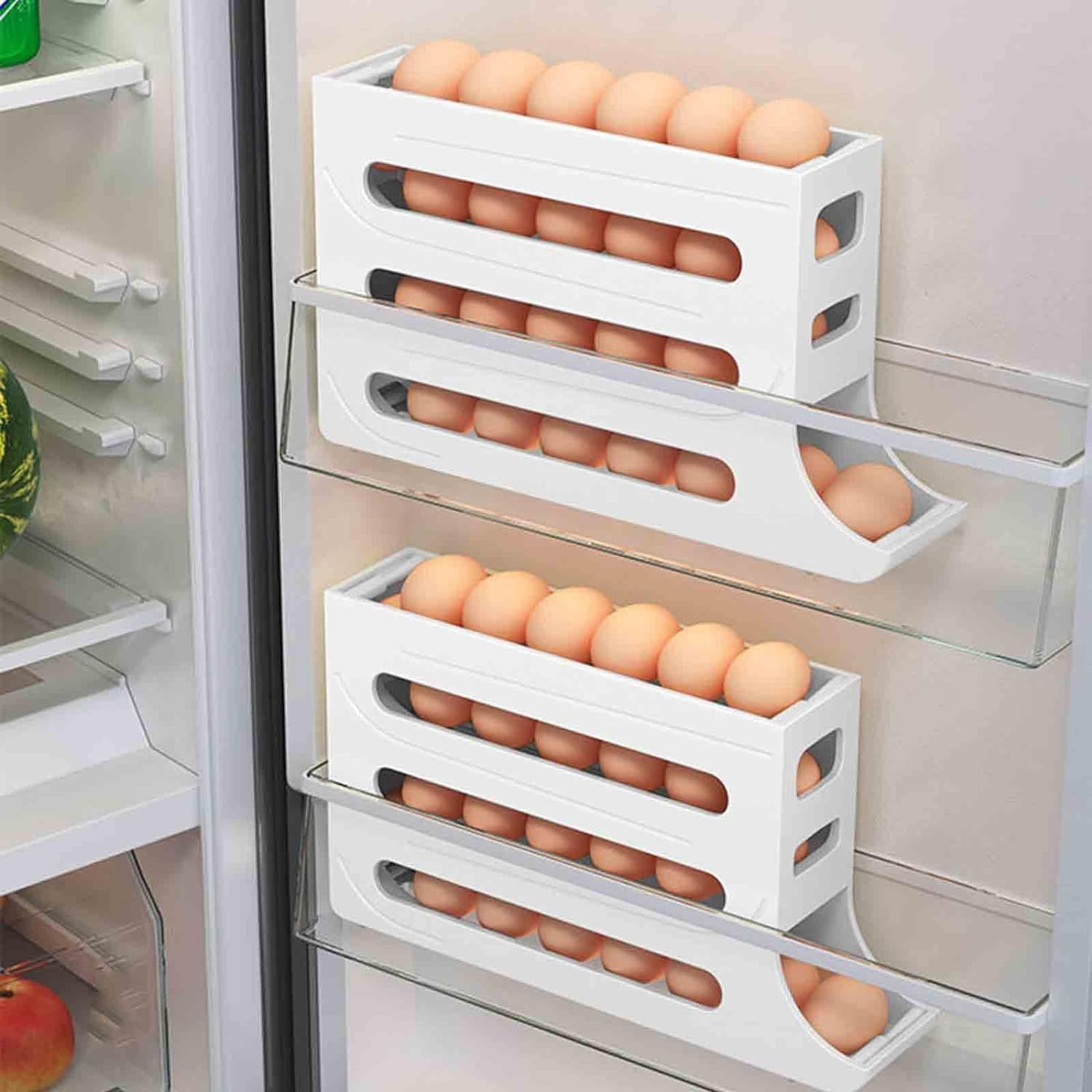 Egg Dispenser for Refrigerator, 4 Tiers Egg Holder for Fridge, Egg Holder for Fridge, Egg Organizer for Refrigerator, Egg Storage for Refrigerator, Egg Holder for Refrigerator (White+Gray)
