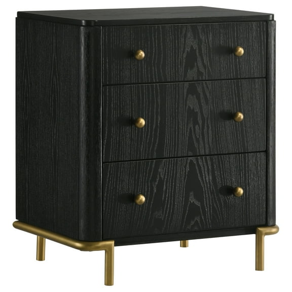 Fij Nightstand, 3 Drawers, USB Port, Golden Metal Legs, Knobs, Black Wood
