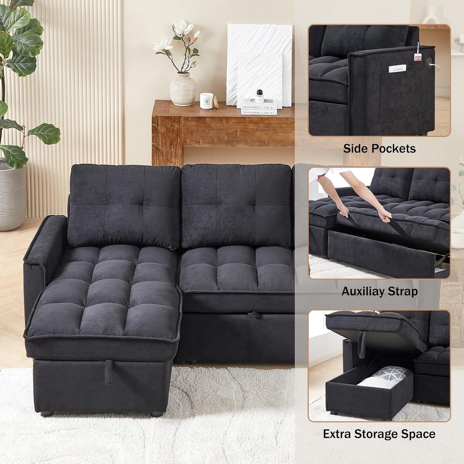 AENKYO 78.75" Reclining Sleeper Sofa with Pull-Out Bed and Built-in Charging Station, 3-Seat Sectional Couch with Cup Holders, Black