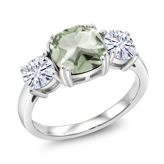 Gem Stone King 3.05 Cttw Green Prasiolite and Moissanite 3 Stone Engagement Ring for Women | 925 Sterling Silver | Cushion 8MM and round 5MM (Size 6)