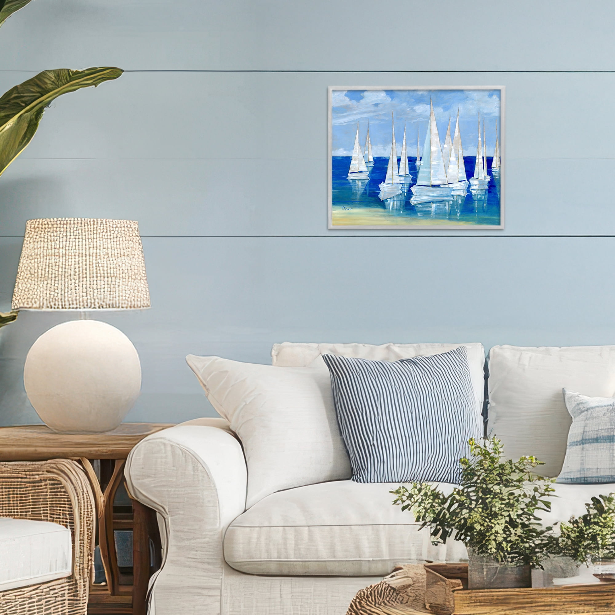 Stupell Industries Blanco Beach Sailboats Gray Framed Giclee Art, design by Paul Brent