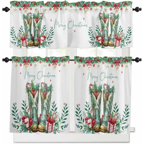 Christmas Western Kitchen Curtains and Valances Set, Rod Pocket Curtains Tier Farmhouse Window Curtains 24 Inch Length, Xmas Cowboy Boots Berry Green Leaves 3 Piece Kitchen Curtains Set
