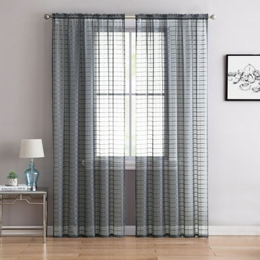 2 Pack: Contemporary Plaid Sheer Voile Window Curtains - Charcoal