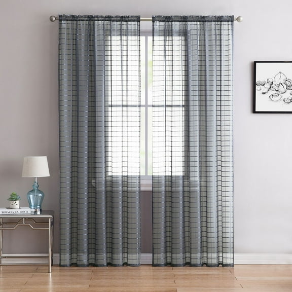 2 Pack: Contemporary Plaid Sheer Voile Window Curtains - Charcoal
