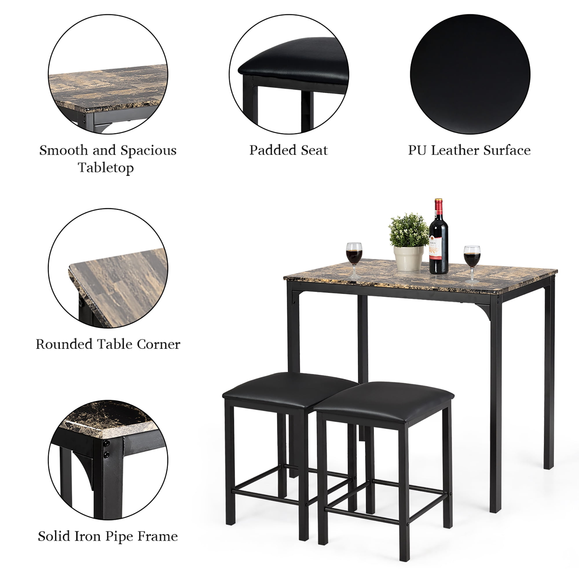Costway 3 PCS Counter Height Dining Set Faux Marble Table 2 Chairs Kitchen Bar Brown