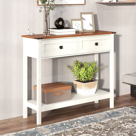 Farmhouse Console Side Table with 2 Drawers & Storage Shelf with Dark Brown Woodgrain, Antique White