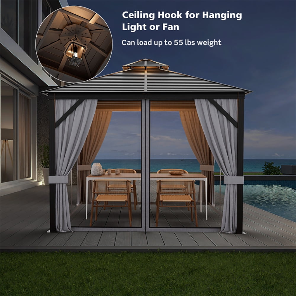 Aimee Lii 10 x 10 Feet Double-Top Hardtop Gazebo with Galvanized Steel Roof, Backyard Canopy Gazebo for Party Wedding BBQ Events, Gray Aimee Lii 10 x 10 Feet Double-Top Hardtop Gazebo with Galvanized Steel Roof, Backyard Canopy Gazebo for Party Wedding BBQ Events, Gray