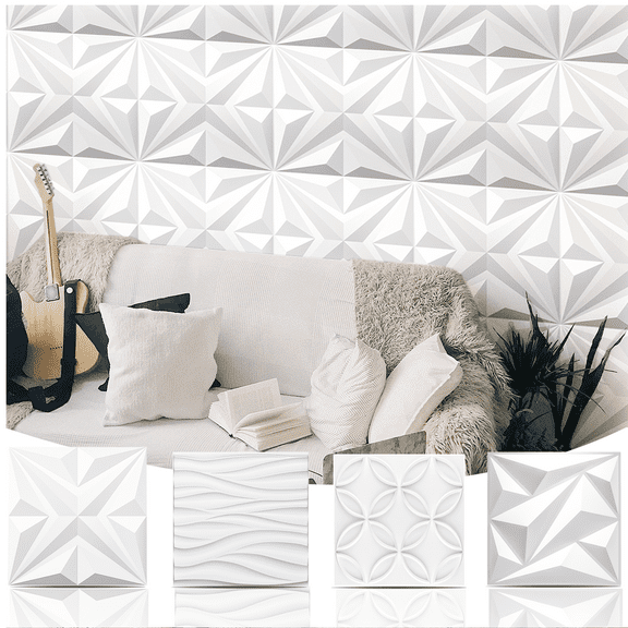Art3d 3D Wall Panels Matte White 197" x 197" x 005" Embossed PVC Decorative, 12 Pieces, Pack