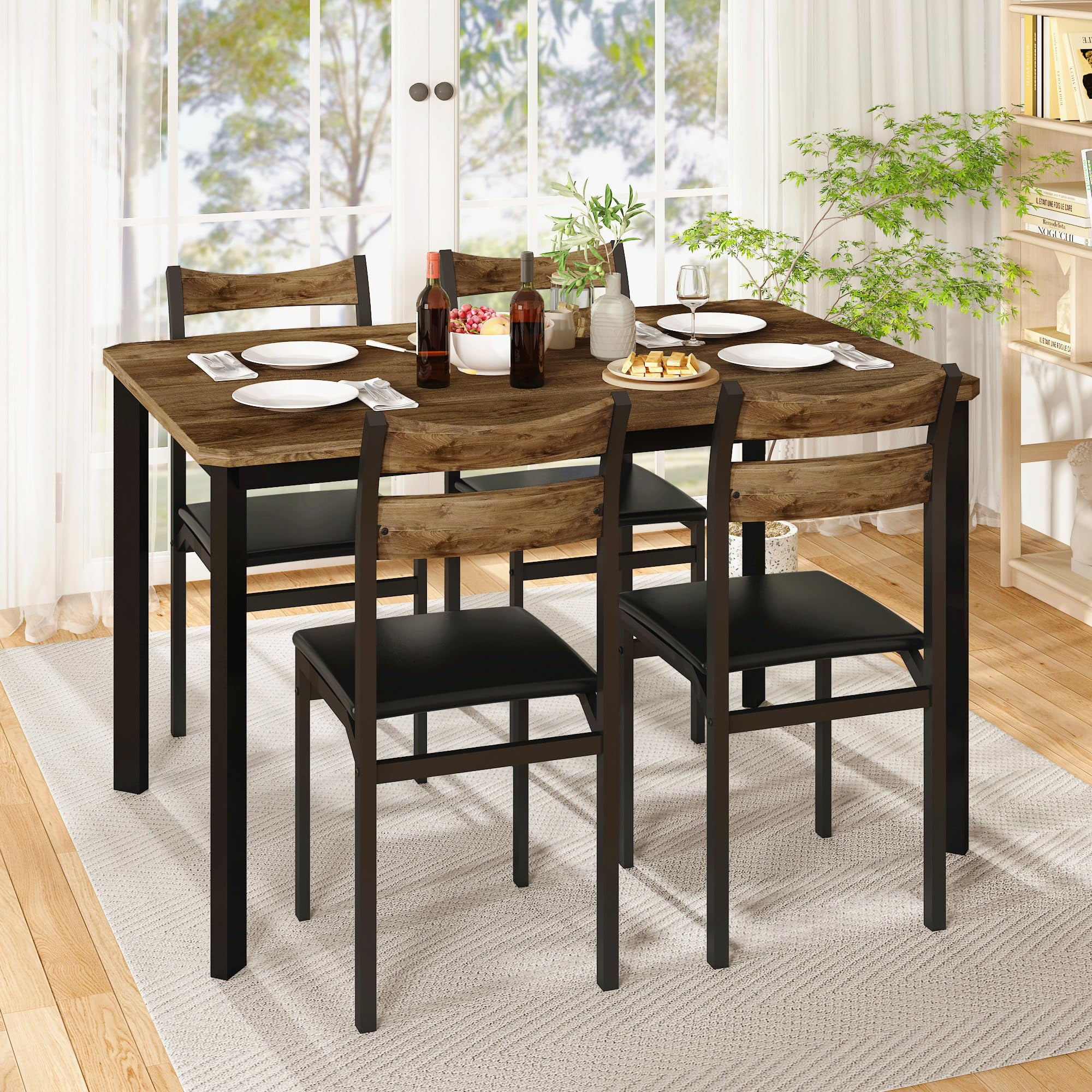 Lamerge Dining Table Set for 4, 43.3" Dining Room Table with 4 Upholstered PU Leather Chairs, Modern Wood Kitchen Table and Chairs Set, 5-Piece Dinette Set for Breakfast Nook, Small Places, Brown